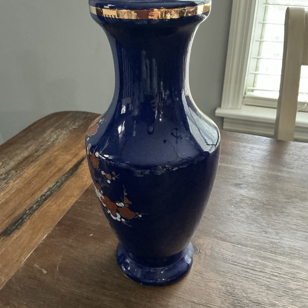 VTG Japanese Cobalt Blue Floral Vase with Gold Trim – 10" Hand-Painted Porcelain - Picture 6 of 11
